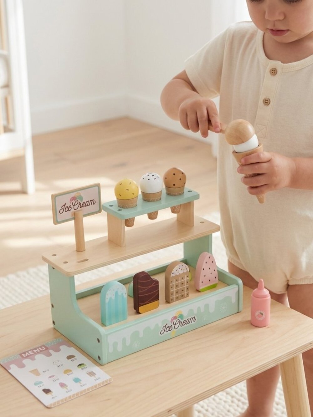 Montessori Wooden Ice Cream Shop Pretend Play Toy Set New - Picture 1 of 13